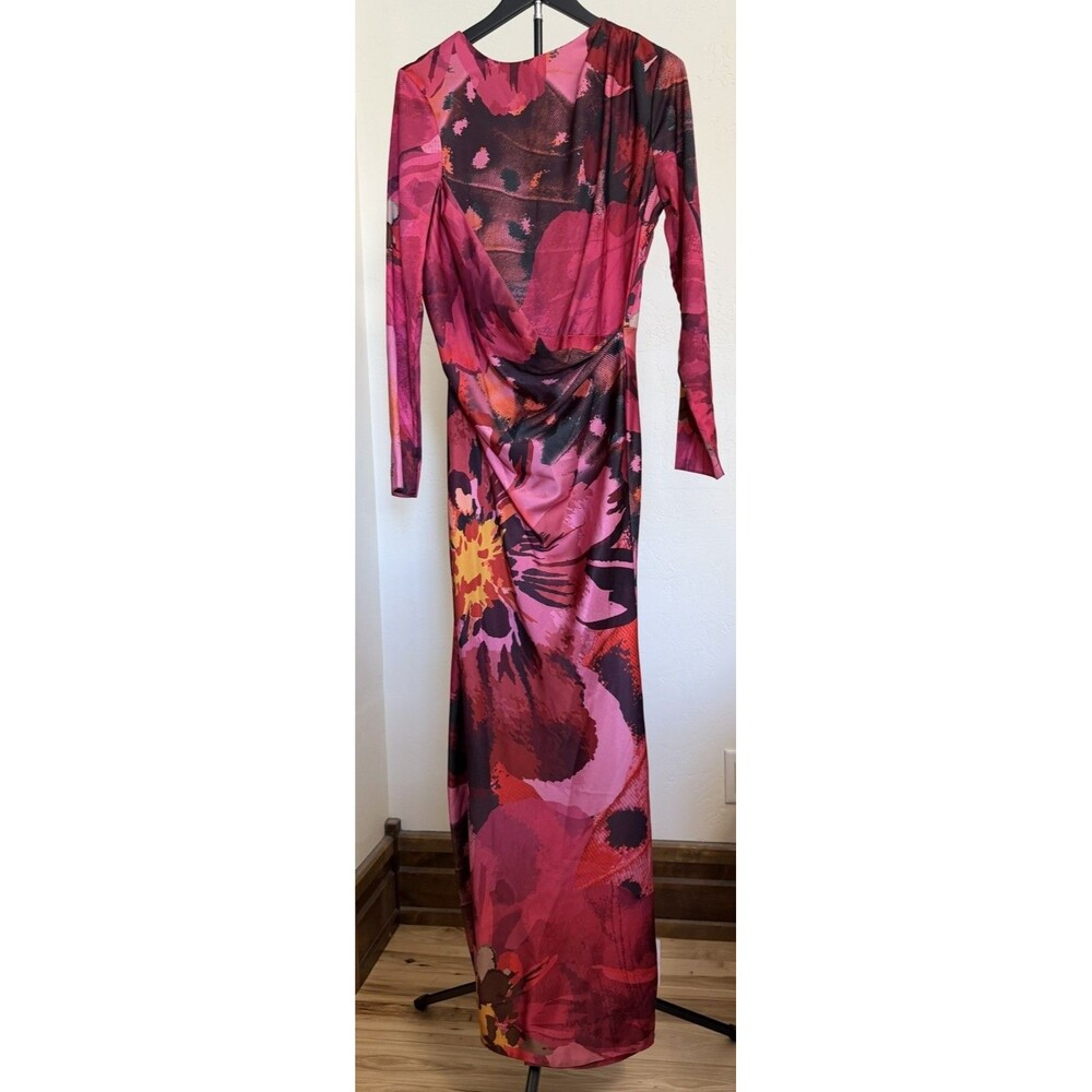ASOS DESIGN Floral Satin Drape Detail Maxi Dress Pink Red 6 NWT Barbiecore Bold
